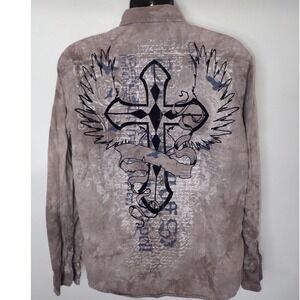 Helix Men's Gothic Cross Graphic Acid Wash Long Sleeve Button Down Shirt XL